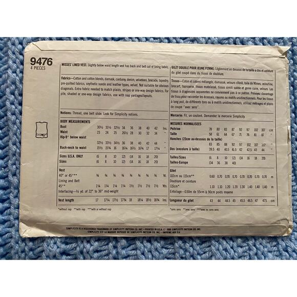 Simplicity sewing pattern 9476 vest 1980s - Picture 3 of 5